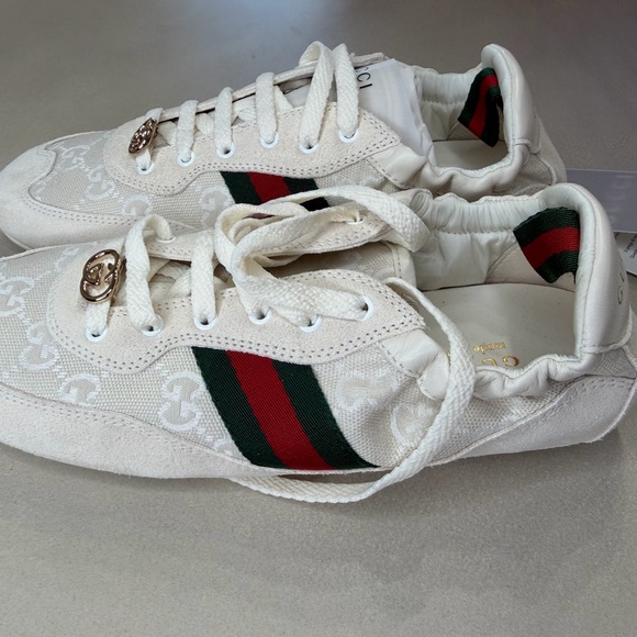 Gucci Off-White GG Canvas Sneakers with Green and Red Web